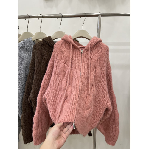 美拉德麻花連帽針織開衫女秋冬加厚寬松百搭慵懶軟糯拉鍊毛衣外套