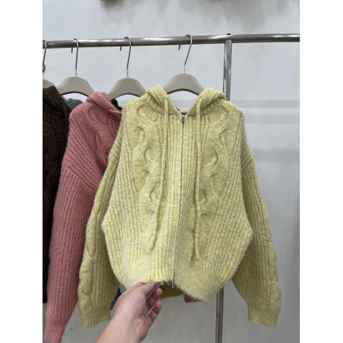 美拉德麻花連帽針織開衫女秋冬加厚寬松百搭慵懶軟糯拉鍊毛衣外套