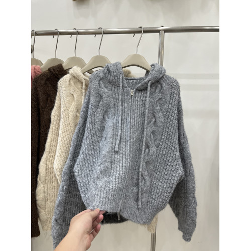 美拉德麻花連帽針織開衫女秋冬加厚寬松百搭慵懶軟糯拉鍊毛衣外套