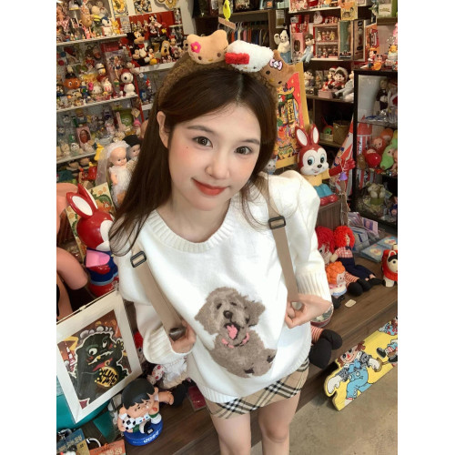 奶fufu可愛小狗白色毛衣女秋冬2025新款寬松慵懶風軟糯針織衫上衣