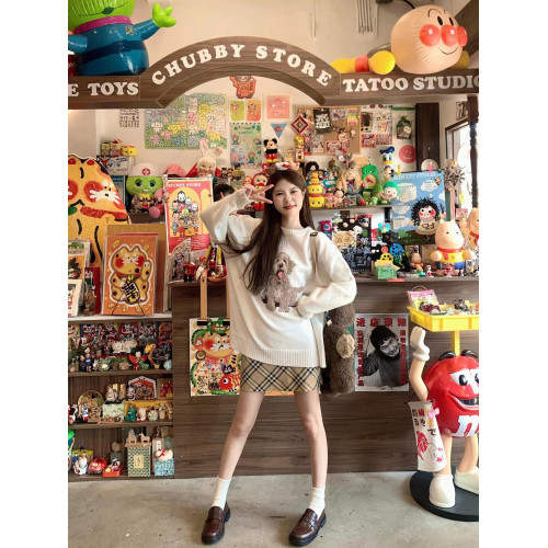 奶fufu可愛小狗白色毛衣女秋冬2025新款寬松慵懶風軟糯針織衫上衣