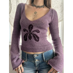 ROCKMORE【古早辣妹】紫色v領花朵修身毛衣vintage復古長袖針織衫