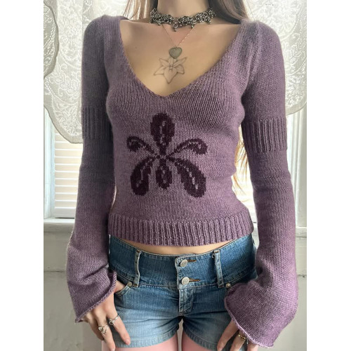 ROCKMORE【古早辣妹】紫色v領花朵修身毛衣vintage復古長袖針織衫