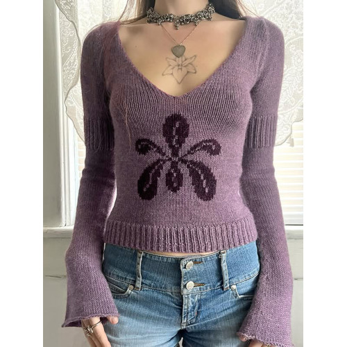ROCKMORE【古早辣妹】紫色v領花朵修身毛衣vintage復古長袖針織衫