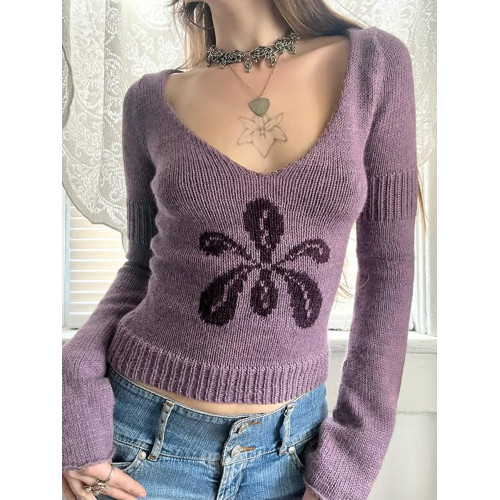 ROCKMORE【古早辣妹】紫色v領花朵修身毛衣vintage復古長袖針織衫