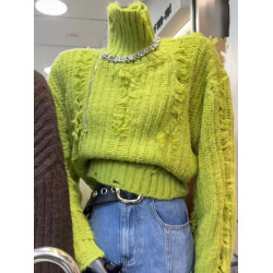 韓國東大門破洞流蘇秋冬針織羊駝毛寬松保暖高領毛衣外套女