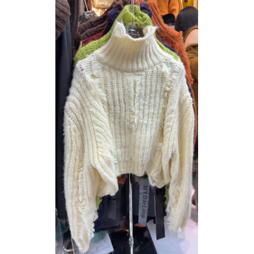 韓國東大門破洞流蘇秋冬針織羊駝毛寬松保暖高領毛衣外套女