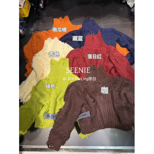 韓國東大門破洞流蘇秋冬針織羊駝毛寬松保暖高領毛衣外套女