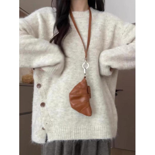 奶fufu慵懶軟糯馬海毛毛衣外套女秋季設計感小衆別致開叉針織上衣