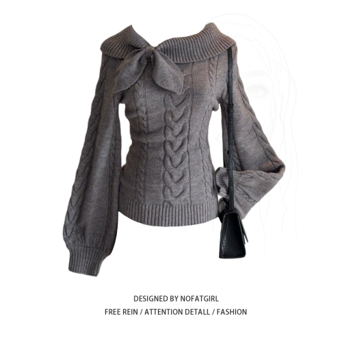 大碼胖MM甜美少女風蝴蝶結領針織衫女灰色燈籠袖收腰顯瘦百搭毛衣