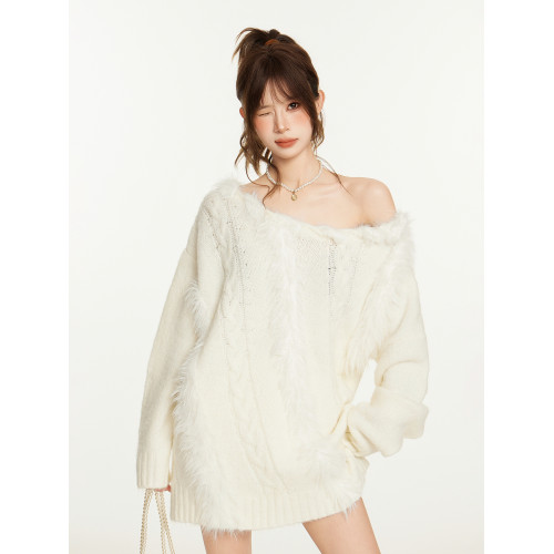 白色一字肩斜肩針織毛衣女秋冬加厚軟糯寬松慵懶風馬海毛露肩上衣 白色一字肩斜肩針織毛衣女秋冬加厚軟糯寬松慵懶風馬海毛露肩上衣