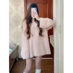 水貂絨毛衣女秋冬慵懶高級感軟糯V領外穿寬松長袖針織衫露肩上衣