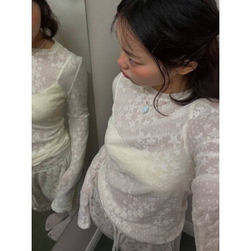 巨好看韓國東大門日系Y2K風格透視五角星蕾絲星星網紗長袖T恤打底