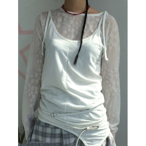 巨好看韓國東大門日系Y2K風格透視五角星蕾絲星星網紗長袖T恤打底