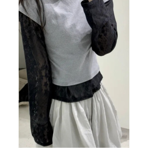 巨好看韓國東大門日系Y2K風格透視五角星蕾絲星星網紗長袖T恤打底