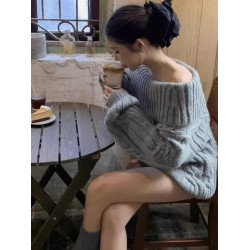 一字肩套頭毛衣女秋季慵懶風氣質小個子寬松休閒顯瘦百搭長袖上衣