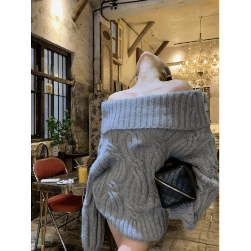 一字肩套頭毛衣女秋季慵懶風氣質小個子寬松休閒顯瘦百搭長袖上衣