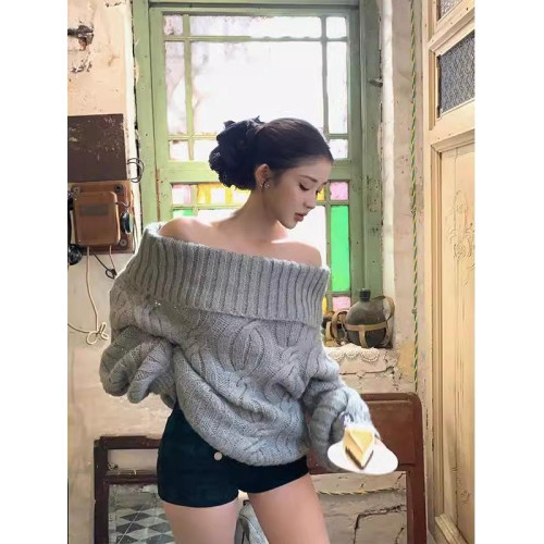 一字肩套頭毛衣女秋季慵懶風氣質小個子寬松休閒顯瘦百搭長袖上衣