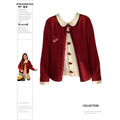 重生微胖MM紅色聖誕節穿搭針織開衫女秋冬季新款慵懶風蝴蝶結上衣