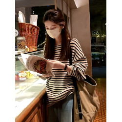 大碼慵懶風軟糯圓領條紋套頭毛衣女秋季新款胖mm寬松顯瘦韓系上衣