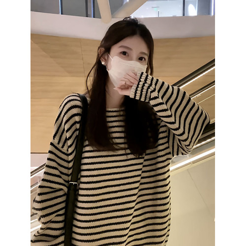 大碼慵懶風軟糯圓領條紋套頭毛衣女秋季新款胖mm寬松顯瘦韓系上衣
