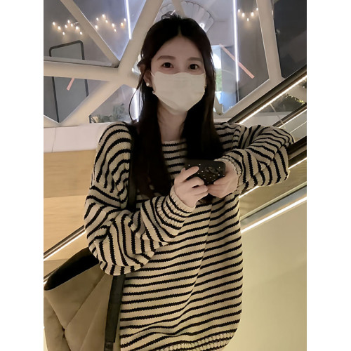 大碼慵懶風軟糯圓領條紋套頭毛衣女秋季新款胖mm寬松顯瘦韓系上衣