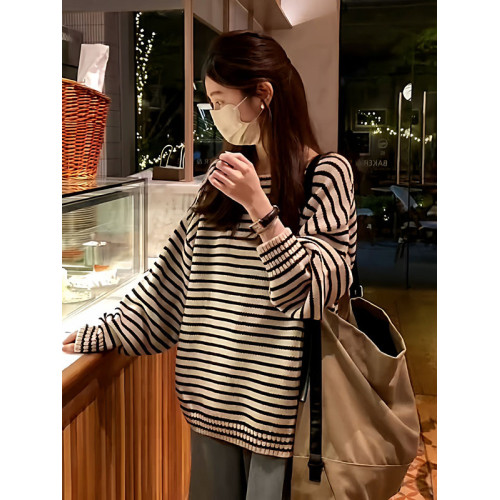 大碼慵懶風軟糯圓領條紋套頭毛衣女秋季新款胖mm寬松顯瘦韓系上衣