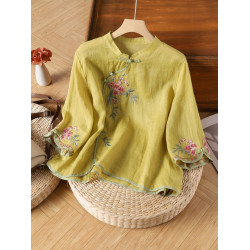 撿漏~專櫃尾貨棉麻復古斜襟盤釦襯衫女夏季寬松立領七分袖上衣女