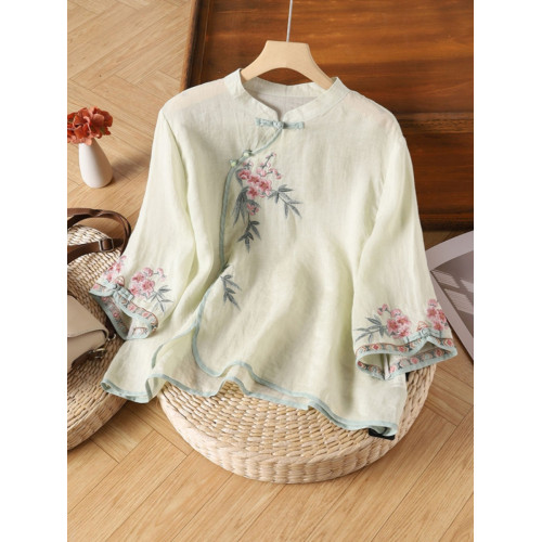 撿漏~專櫃尾貨棉麻復古斜襟盤釦襯衫女夏季寬松立領七分袖上衣女