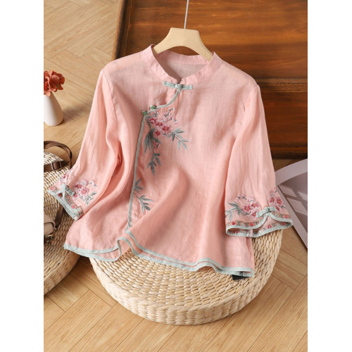 撿漏~專櫃尾貨棉麻復古斜襟盤釦襯衫女夏季寬松立領七分袖上衣女