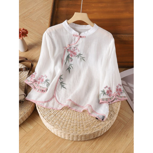 撿漏~專櫃尾貨棉麻復古斜襟盤釦襯衫女夏季寬松立領七分袖上衣女