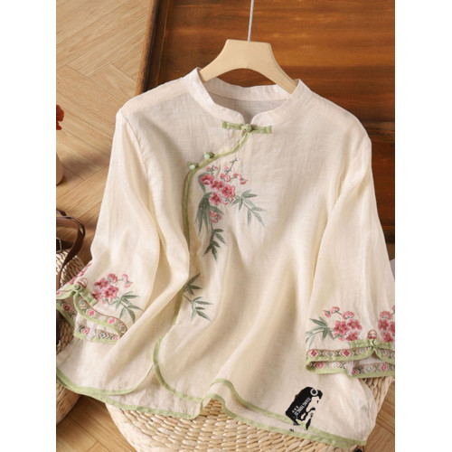 撿漏~專櫃尾貨棉麻復古斜襟盤釦襯衫女夏季寬松立領七分袖上衣女