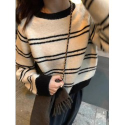 浣熊絨軟糯套頭短款條紋毛衣女秋冬冬季加厚內搭小個子打底針織衫