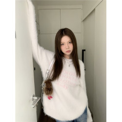 PPHOME軟糯字母提花仿貂毛白色毛衣女秋季溫柔寬松圓領針織衫上衣