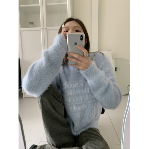 PPHOME軟糯字母提花仿貂毛白色毛衣女秋季溫柔寬松圓領針織衫上衣