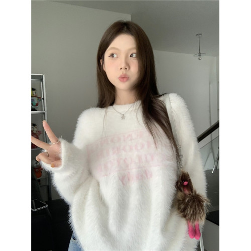 PPHOME軟糯字母提花仿貂毛白色毛衣女秋季溫柔寬松圓領針織衫上衣