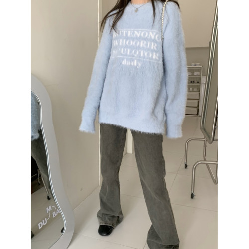 PPHOME軟糯字母提花仿貂毛白色毛衣女秋季溫柔寬松圓領針織衫上衣