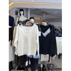 韓版十三行秋冬淨色氣質顯瘦減齡百搭蕾絲邊V領套頭假兩件套毛衣