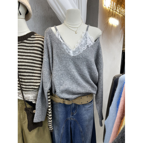 韓版十三行秋冬淨色氣質顯瘦減齡百搭蕾絲邊V領套頭假兩件套毛衣