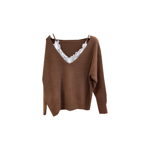 韓版十三行秋冬淨色氣質顯瘦減齡百搭蕾絲邊V領套頭假兩件套毛衣