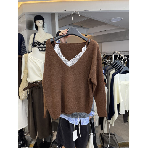 韓版十三行秋冬淨色氣質顯瘦減齡百搭蕾絲邊V領套頭假兩件套毛衣