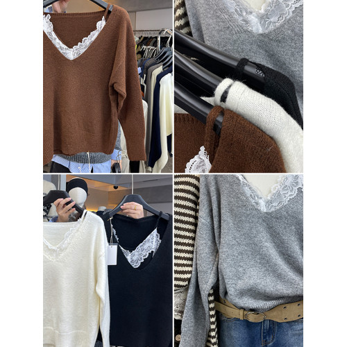 韓版十三行秋冬淨色氣質顯瘦減齡百搭蕾絲邊V領套頭假兩件套毛衣