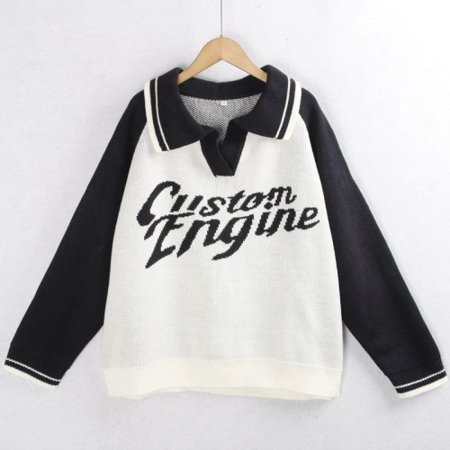 567拼色毛衣 秋冬大碼拼色字母顯瘦百搭懶庸加大碼外搭針織毛線衣