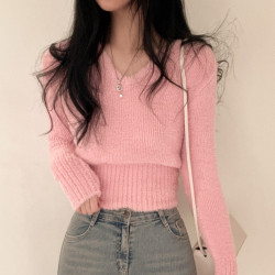 韓國chic秋冬修身百搭V領軟糯仿貂毛短款毛衣長袖打底針織上衣女