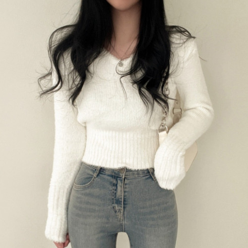 韓國chic秋冬修身百搭V領軟糯仿貂毛短款毛衣長袖打底針織上衣女