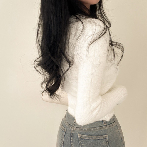 韓國chic秋冬修身百搭V領軟糯仿貂毛短款毛衣長袖打底針織上衣女