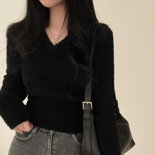 韓國chic秋冬修身百搭V領軟糯仿貂毛短款毛衣長袖打底針織上衣女