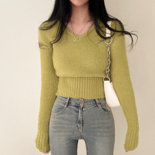 韓國chic秋冬修身百搭V領軟糯仿貂毛短款毛衣長袖打底針織上衣女