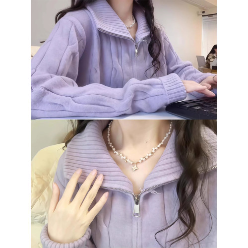 香芋紫麻花拉鍊半高領毛衣外套女2025新款冬季穿搭加厚多巴胺上衣