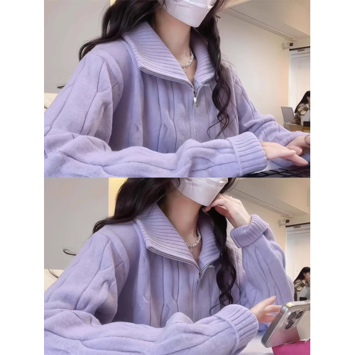 香芋紫麻花拉鍊半高領毛衣外套女2025新款冬季穿搭加厚多巴胺上衣